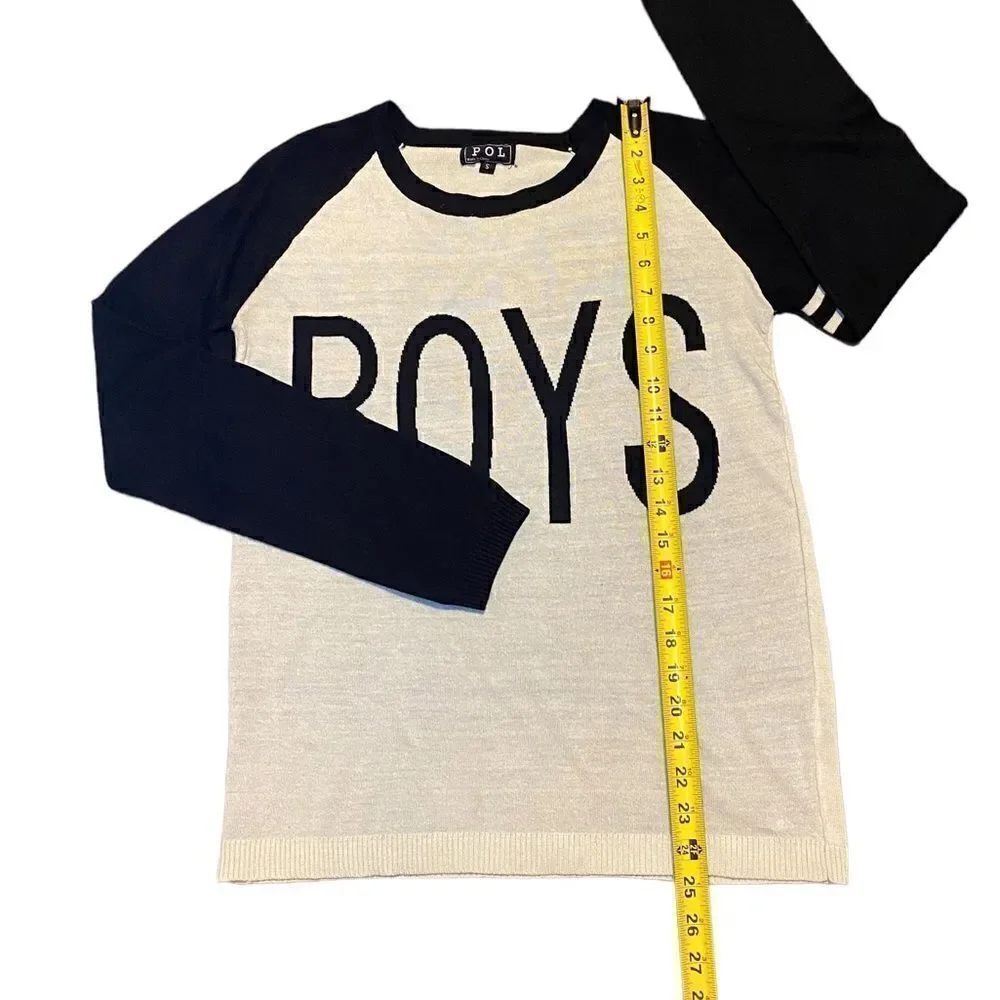 POL Graphic Long Sleeve “BOYS” Shirt Black and Beige Women’s Size Small